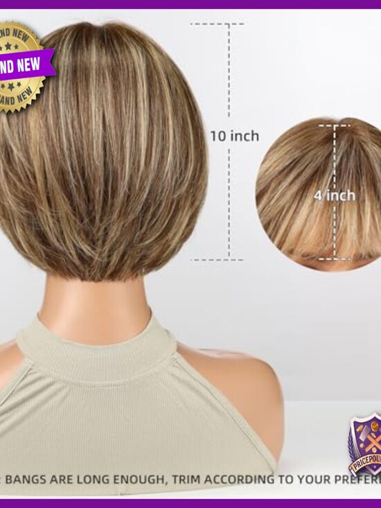 Short Bob Human Hair Wig with Bangs, Layered Cut, Heat Resistant